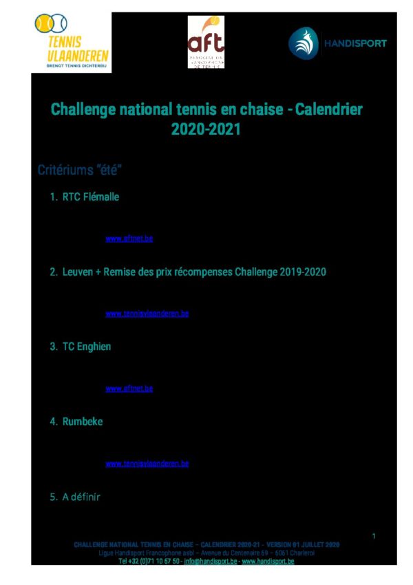 Calendrier challenge national TEN 20-21