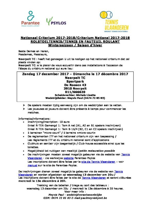 Invitation – Criterium tennis – 17 12 2017 – Neerpelt